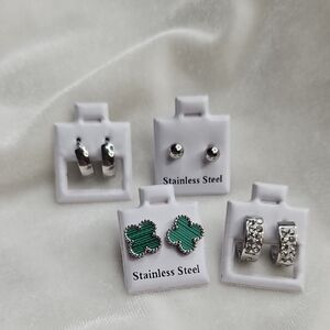 Lot of 4 Stainless Steel Green Clover Hoop Earrings Silver Rhinestones Studs NEW